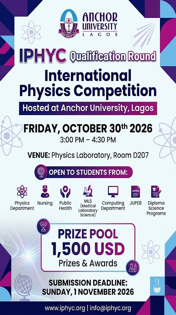 Anchor University IPhyC Qualification Round flyer for Friday, 30 October 2026, 3:00–4:30 PM in the Physics Laboratory, Room D207.
